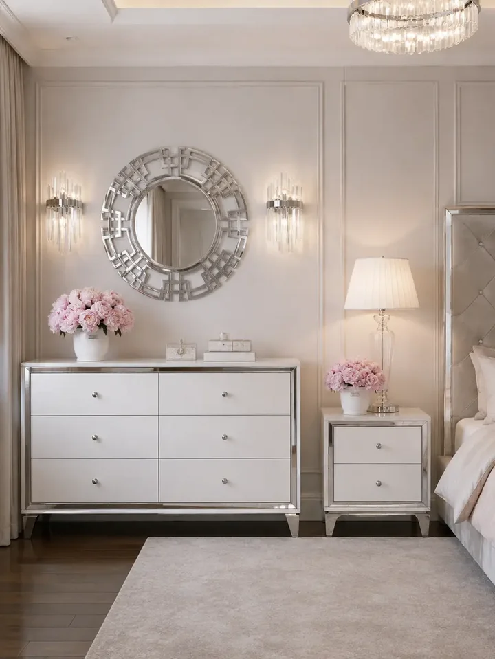 Aranżacja nowoczesnego wnętrza z komodą glamour lakierowaną drewnianą na stalowych nogach Lorenzo M Silver. Meble na zamówienie od PRIMAVERA HOME.