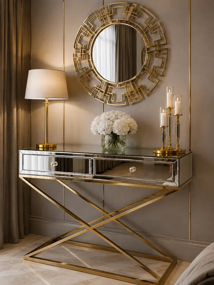 Detale wykończenia konsoli lustrzanej CHICAGO GOLD glamour stalowa złota, podkreślające jakość wykonania. Ekspozycja w salonie Primavera Home.