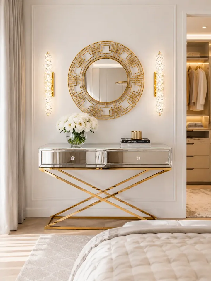 Konsola lustrzana CHICAGO GOLD glamour stalowa złota eksponowana w showroomie. Meble na zamówienie od Primavera Home.