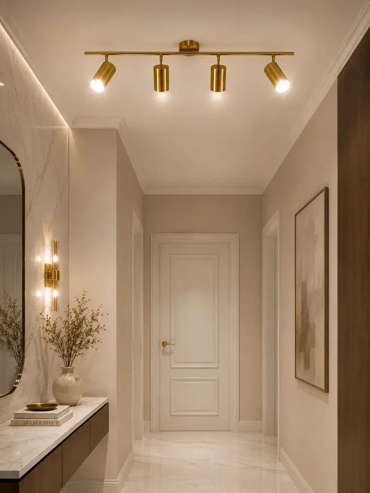 Aranżacja nowoczesnego wnętrza z lampą glamour, złotą, sufitową, designerską, ekskluzywną, cztery punkty świetlne MODERN 4. Oświetlenie od Primavera Home.