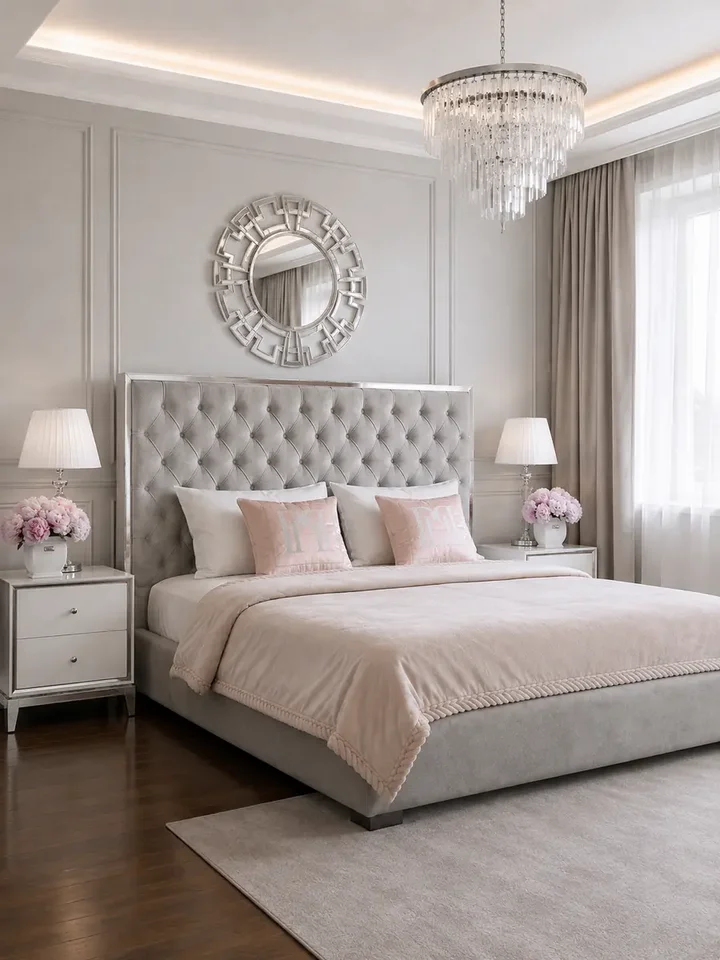 Aranżacja komfortowego wnętrza z łóżkiem SPECTRE SILVER Glamour jako centralnym elementem. Meble na zamówienie od Primavera Home.