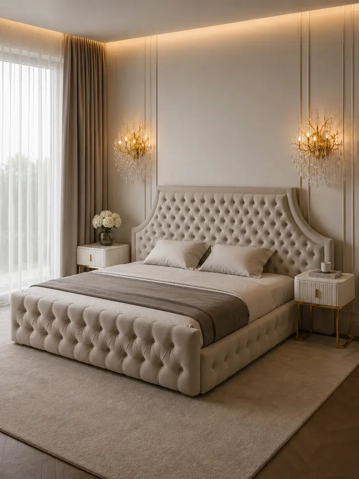 Łóżko glamour tapicerowane w pełnej aranżacji nowoczesnego salonu, prezentujące niepowtarzalny styl. Oświetlenie na zamówienie od Primavera Home.