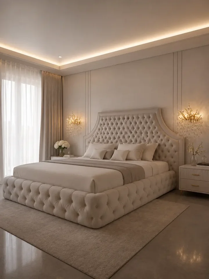 Perspektywiczne ujęcie łóżka glamour tapicerowanego, które doskonale wpisuje się w nowoczesne wnętrze. Oświetlenie na zamówienie od Primavera Home.