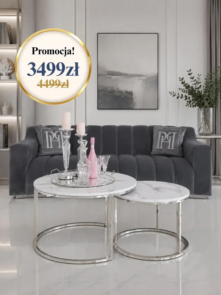 Perspektywa na okrągły stolik kawowy srebrny z marmurowym blatem 2w1, ukazująca jego nowoczesny design. Aranżacja nowoczesnego wnętrza od Primavera Home.