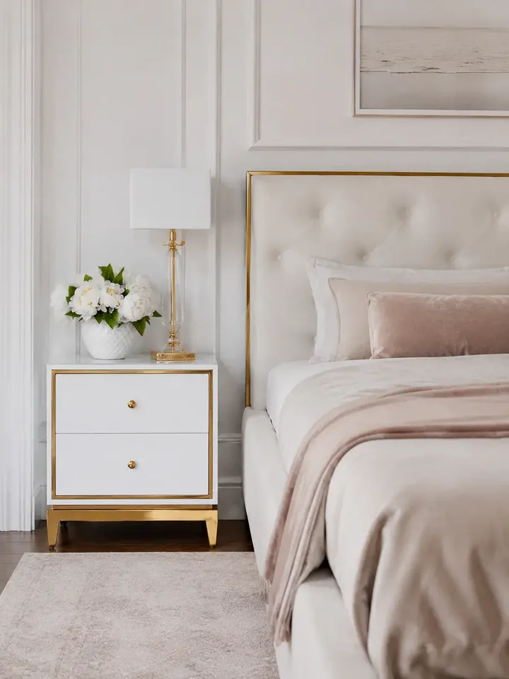 Widok z góry na szafkę nocną, ujawniający jej elegancki kształt od Primavera Home.