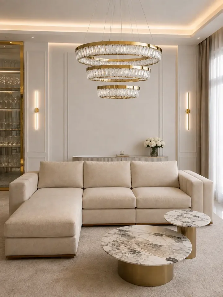 Żyrandol kryształowy złoty BELLINI XL w jasnym wnętrzu, dodający elegancji pomieszczeniu. Oświetlenie od Primavera Home.