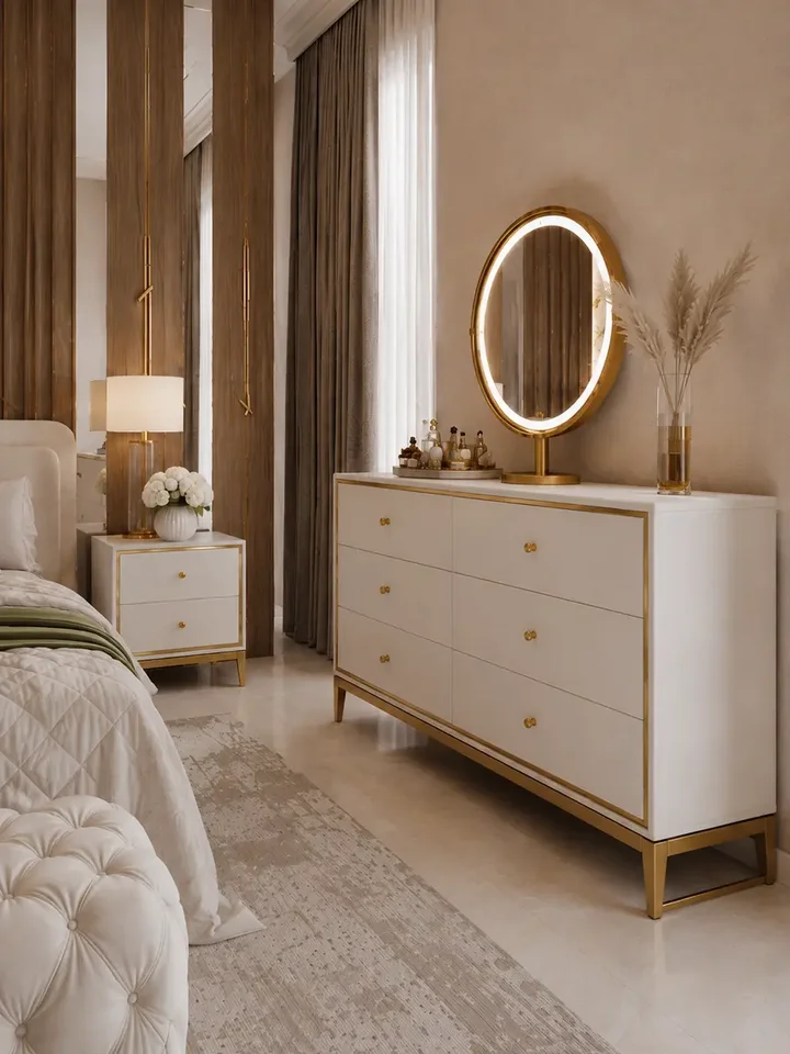 Zbliżenie na detal wykończenia komody glamour LORENZO M na stalowych nogach złota biała od Primavera Home.