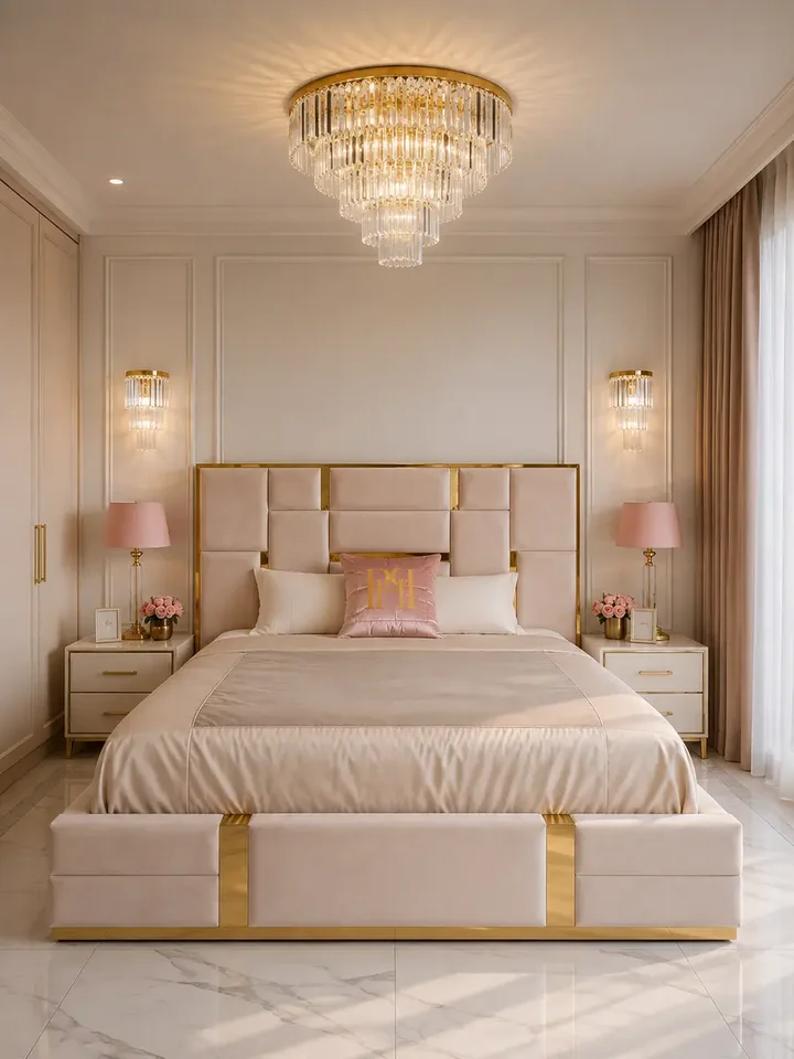 Detal szycia kryształowego żyrandola przysufitowego glamour plafon nowoczesny złoty GLAMOUR, ukazujący precyzję wykończenia. Aranżacja nowoczesnego wnętrza od Primavera Home.