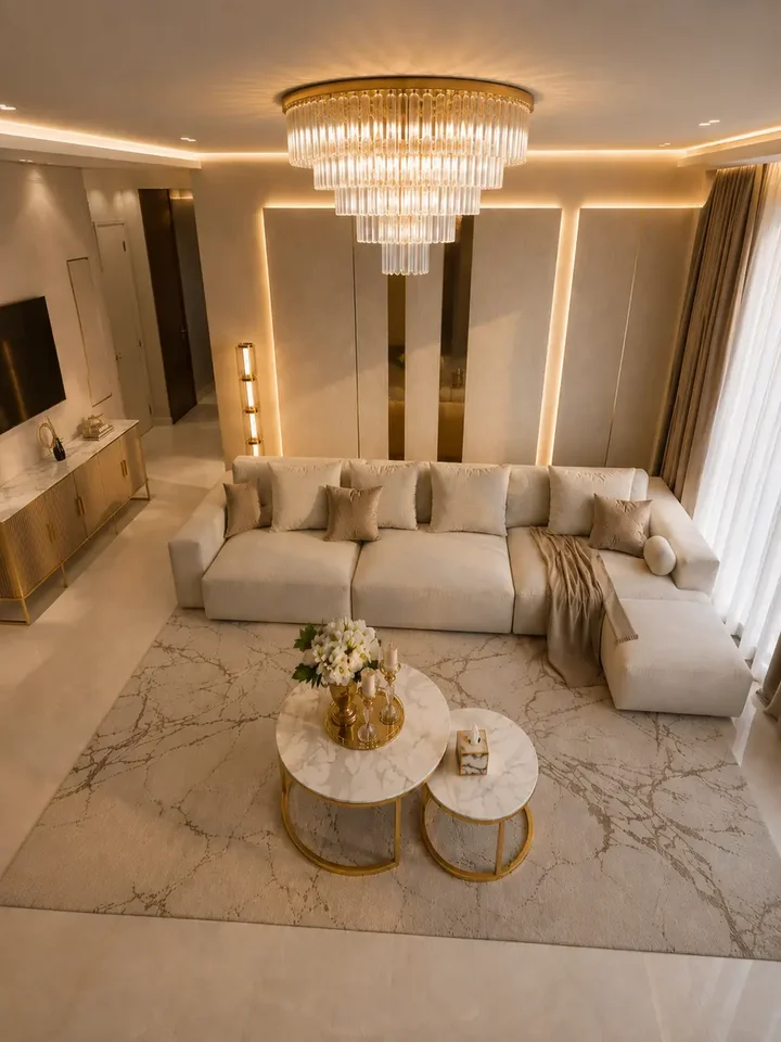Usytuowanie kryształowego żyrandola przysufitowego glamour plafon nowoczesny złoty GLAMOUR w jasnym wnętrzu. Aranżacja nowoczesnego wnętrza od Primavera Home.
