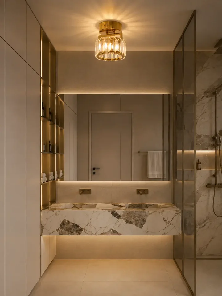 Lampa Sufitowa Kryształowa pojedynczy punkt świetlny DIAMOND XS , lampa glamour – Primavera Home w aranżacji w nowoczesnym salonie, tworząca wyjątkowy klimat.