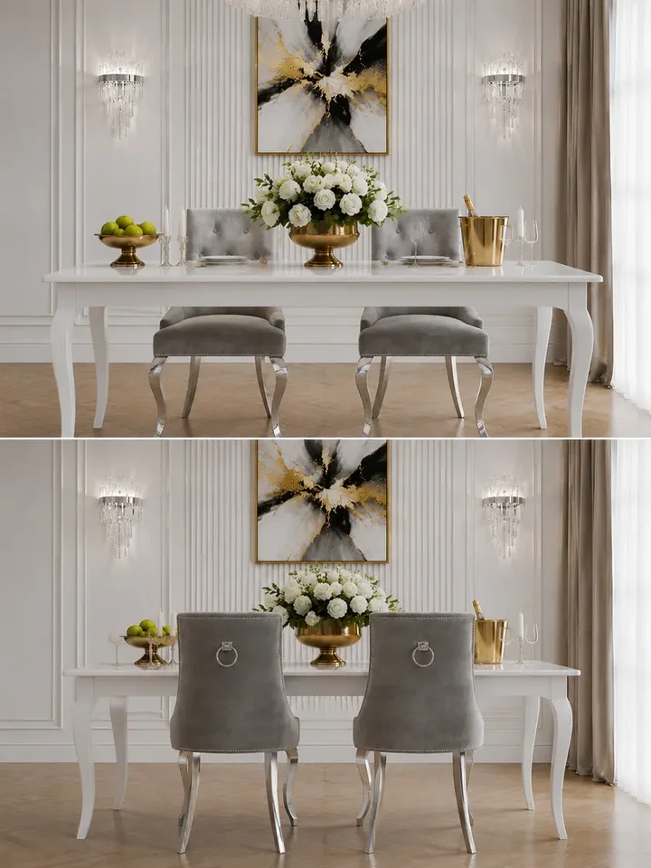 Krzesło pikowane w widoku z boku, idealne do eleganckiego wnętrza. Meble na zamówienie od Primavera Home.