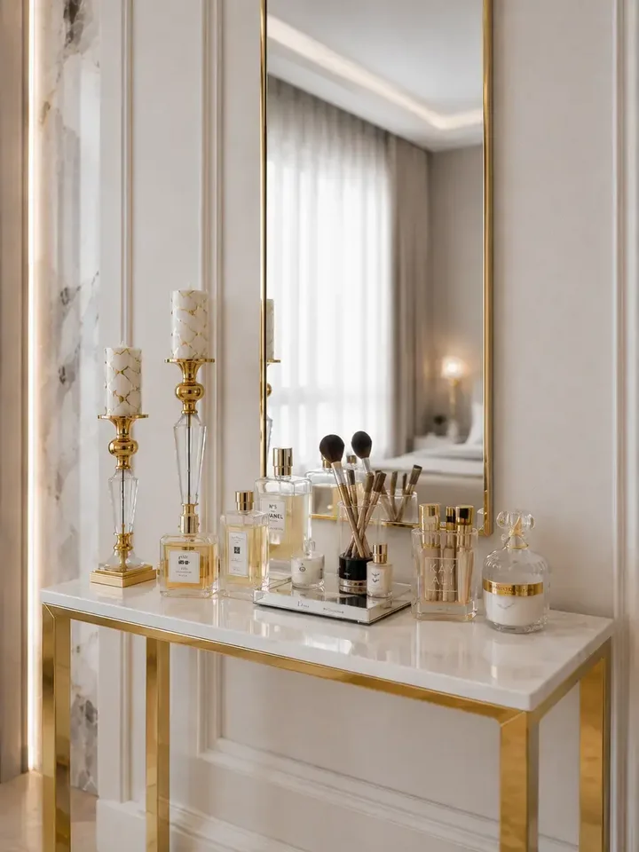 Konsola glamour, nowoczesna, złota biała marmur LOLA w jasnym wnętrzu. Inspiracja do aranżacji od Primavera Home.