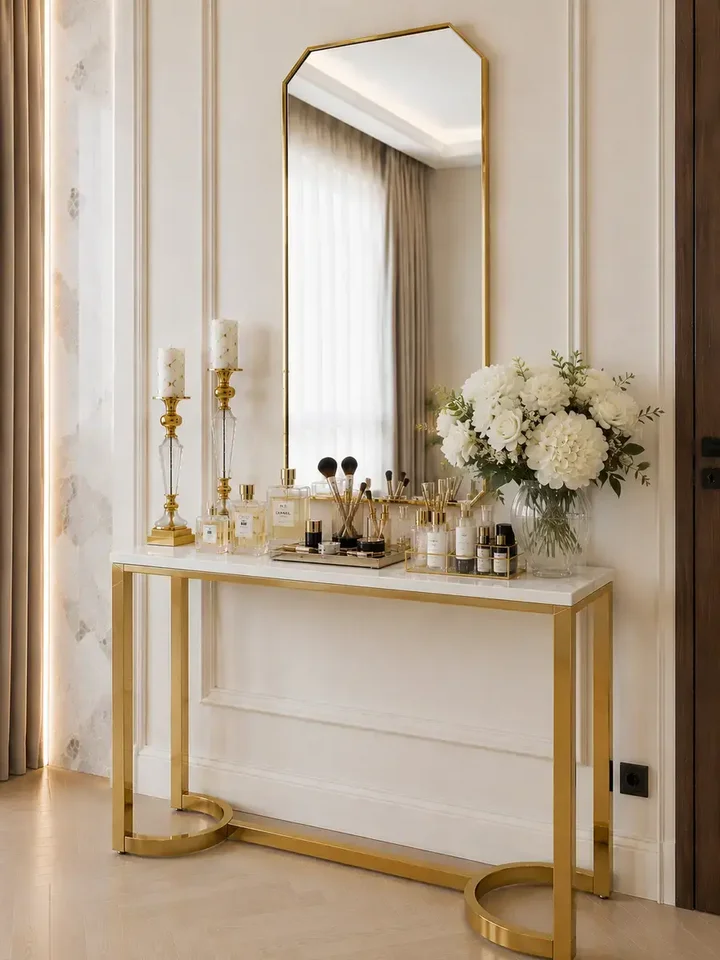 Konsola glamour, nowoczesna, złota biały marmur LOLA w ujęciu z przodu. Oświetlenie na zamówienie od Primavera Home.