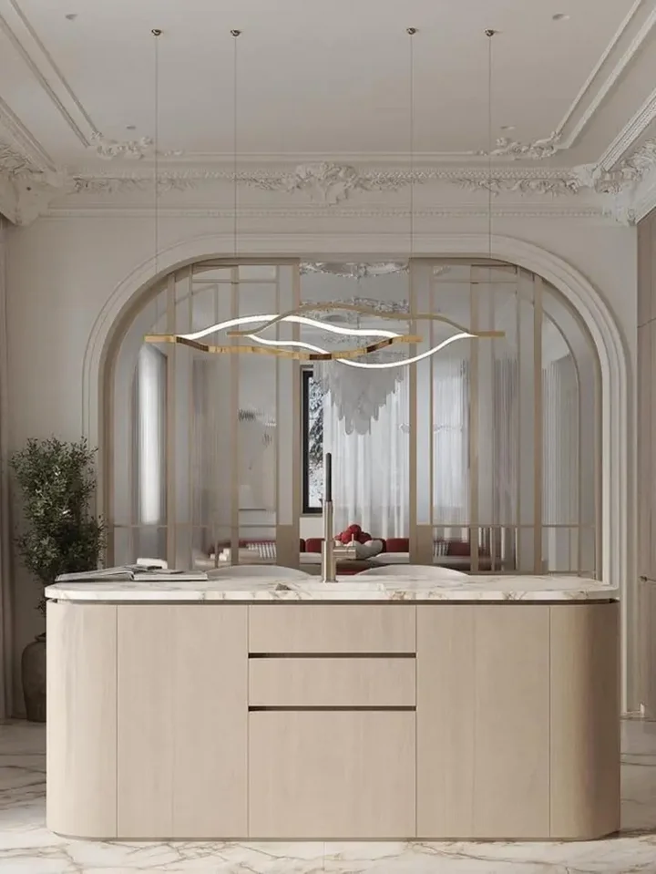 Złoty Żyrandol Nowoczesny Wave – Designerska Lampa Fala LED z bliska na detale kabla i mocowania. Oświetlenie na zamówienie od Primavera Home.