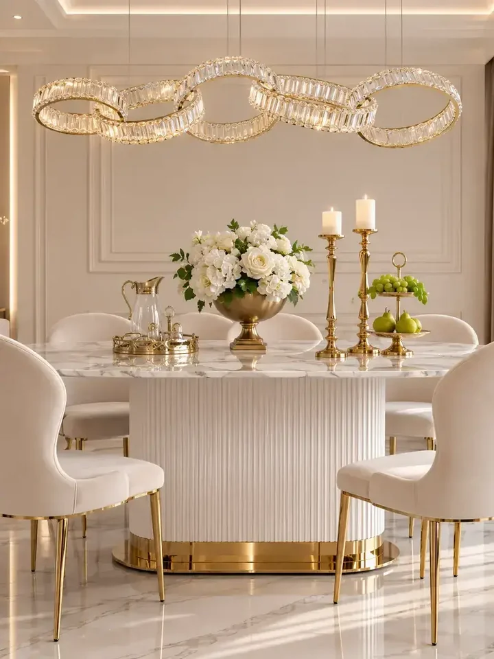 Żyrandol CRYSTAL 5 Złoty w jasnym wnętrzu. Unikalny design od Primavera Home.