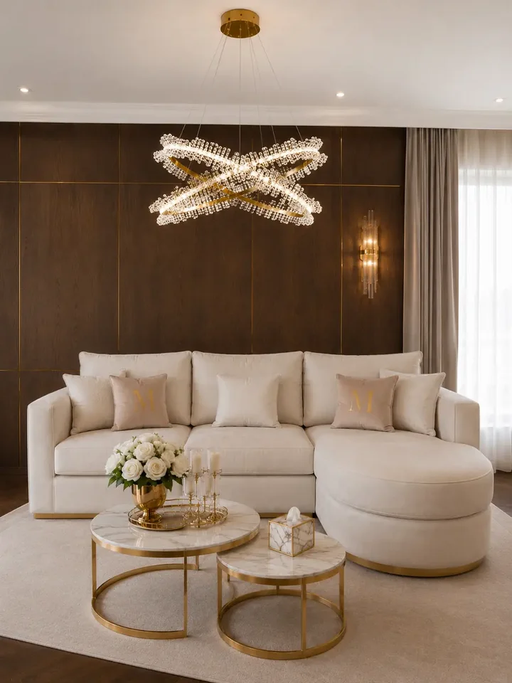 Żyrandol Kryształowy Brina XL Glamour Złoty – Luksusowa Lampa Wisząca dwupoziomowa prezentowany z boku w eleganckim wnętrzu. Ekspozycja w salonie od Primavera Home.