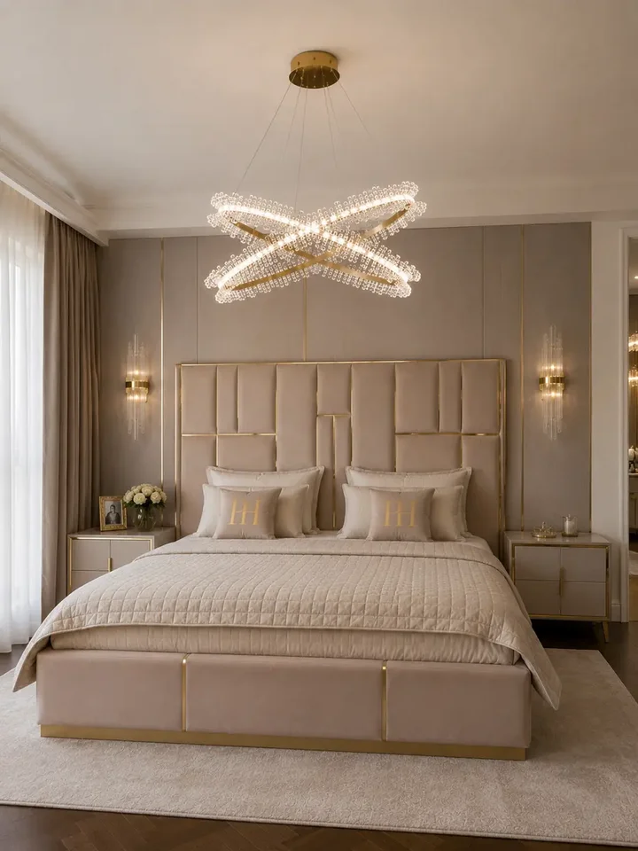 Zbliżenie na Żyrandol Kryształowy Brina XL Glamour Złoty – Luksusowa Lampa Wisząca dwupoziomowa, ukazujące eleganckie detale. Aranżacja nowoczesnego wnętrza od Primavera Home.