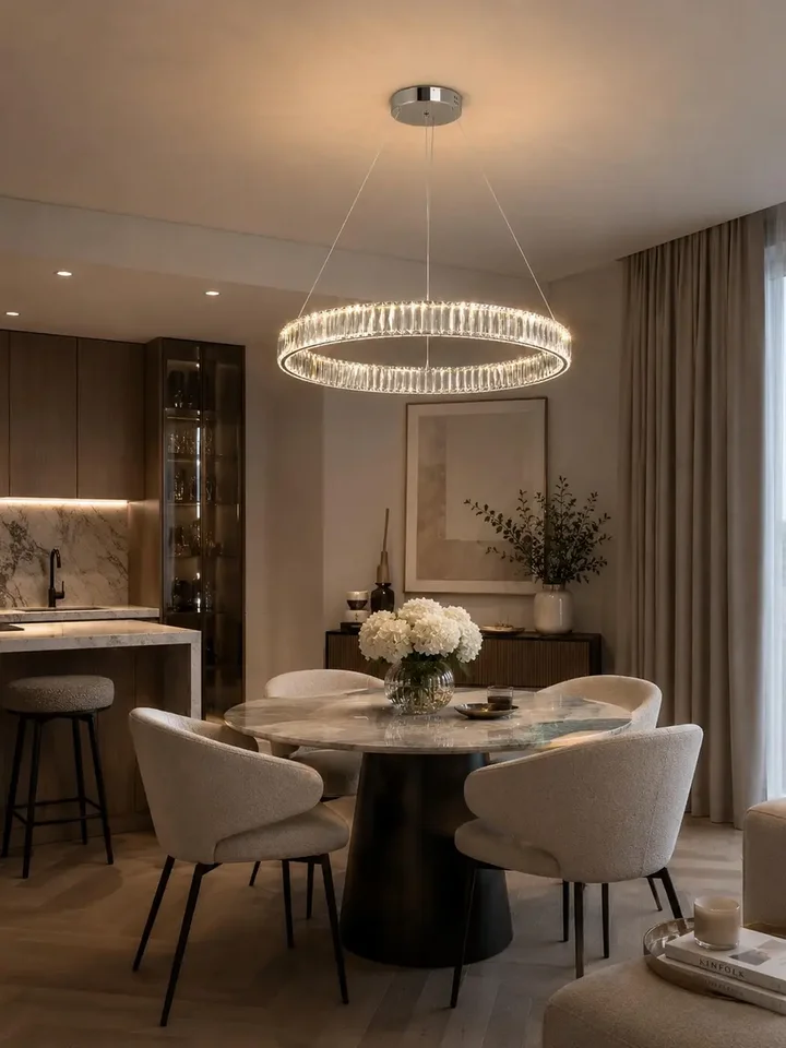 Żyrandol Kryształowy Crystal Srebrny Glamour widziany z boku, idealnie komponujący się w nowoczesnym wnętrzu. Meble na zamówienie od Primavera Home.