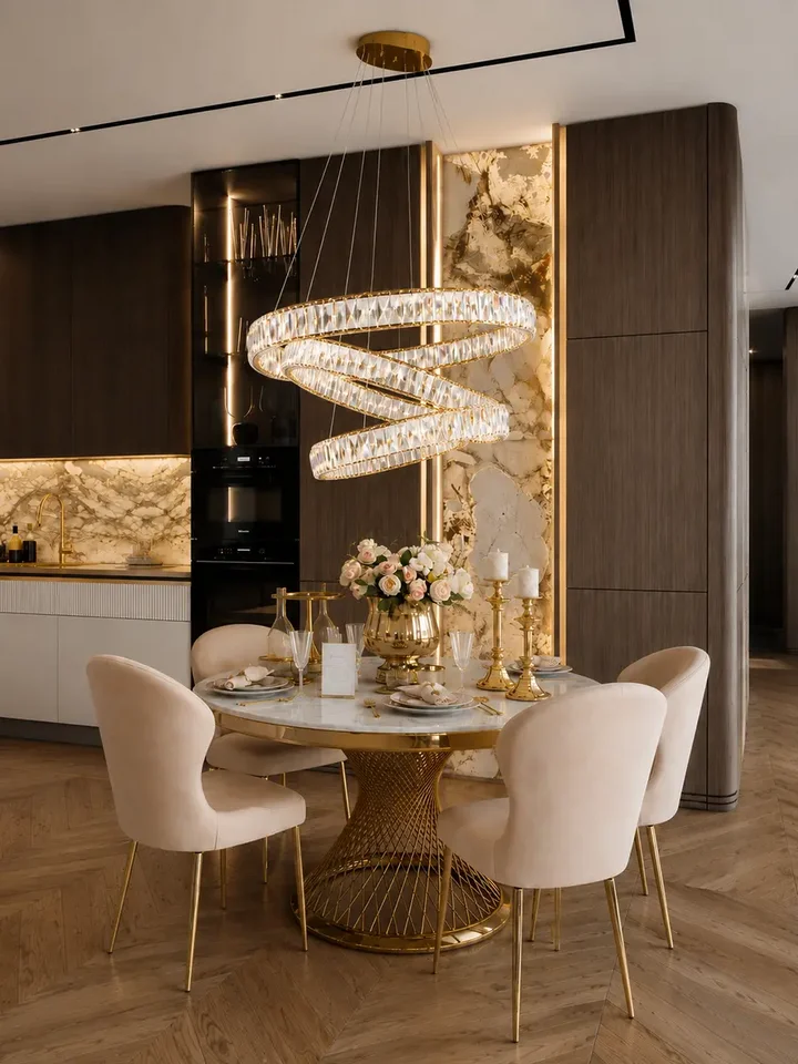 Zbliżenie na kryształowe elementy Żyrandola Kryształowego Złotego Crystal XL Trzypoziomowego. Elegancka stylistyka od Primavera Home.