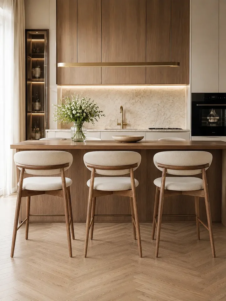 Zbliżenie na detale Designerskiego Hokera Drewnianego Olivia – Krzesło Barowe od Primavera Home.