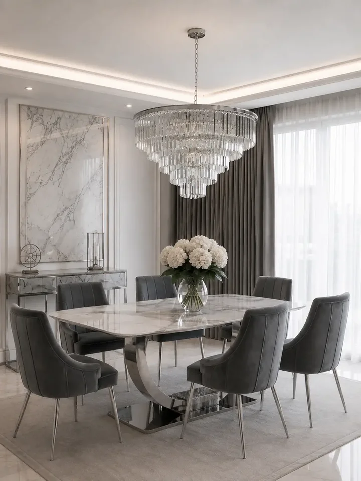 Kryształowy żyrandol okrągły, nowoczesny lampa wisząca, srebrny GLAMOUR M w aranżacji nowoczesnego wnętrza. Ekspozycja w salonie od Primavera Home.