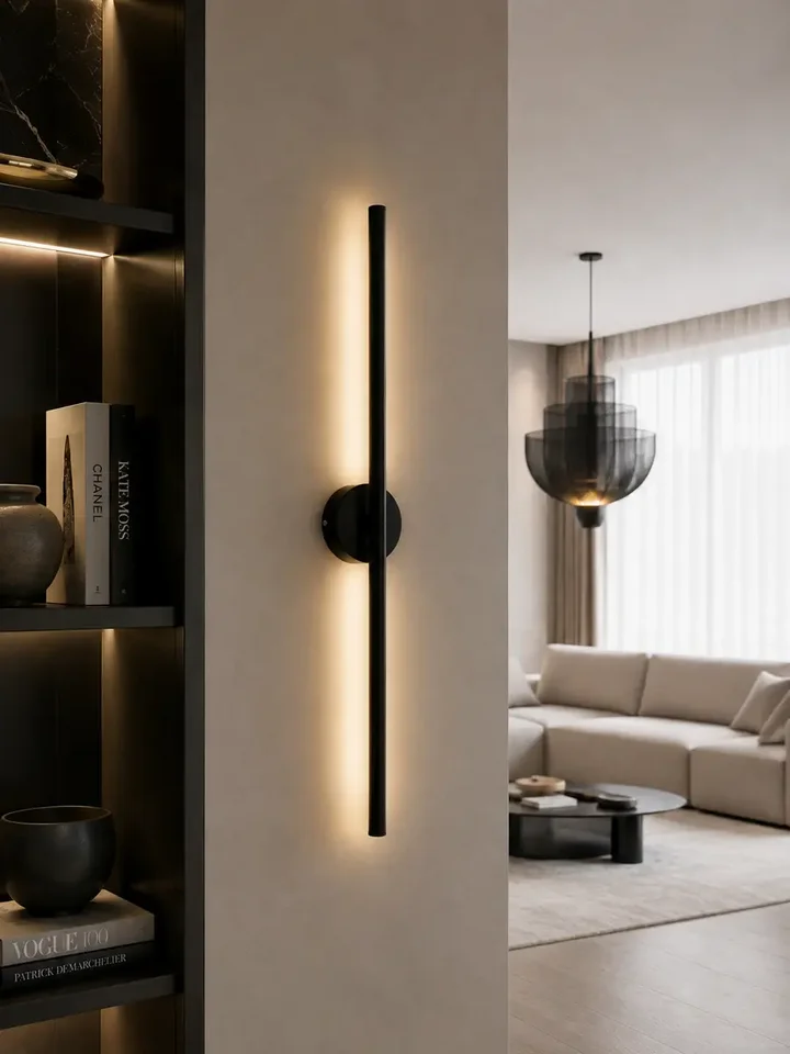 Z boku kinkiet w stylu minimalistycznym, idealny do nowoczesnego wnętrza, dostępny w Primavera Home.