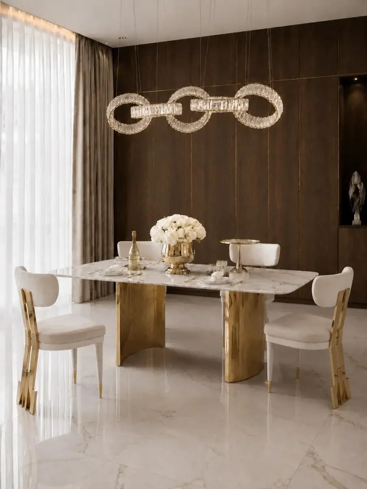 Stylowa aranżacja z wykorzystaniem stołu glamour ROKSI, idealnego do jadalni w nowoczesnym stylu, w ofercie Primavera Home.