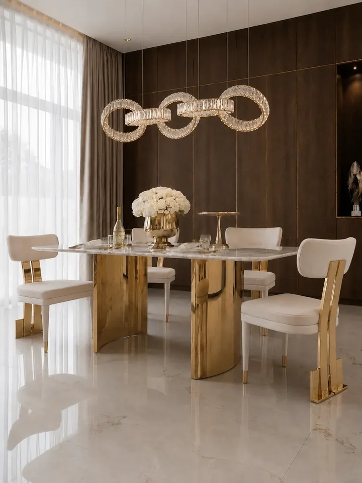 Elegancka aranżacja nowoczesnego wnętrza ze stołem glamour ROKSI, doskonały do jadalni, z białym blatem marmurowym, dostępny w Primavera Home.