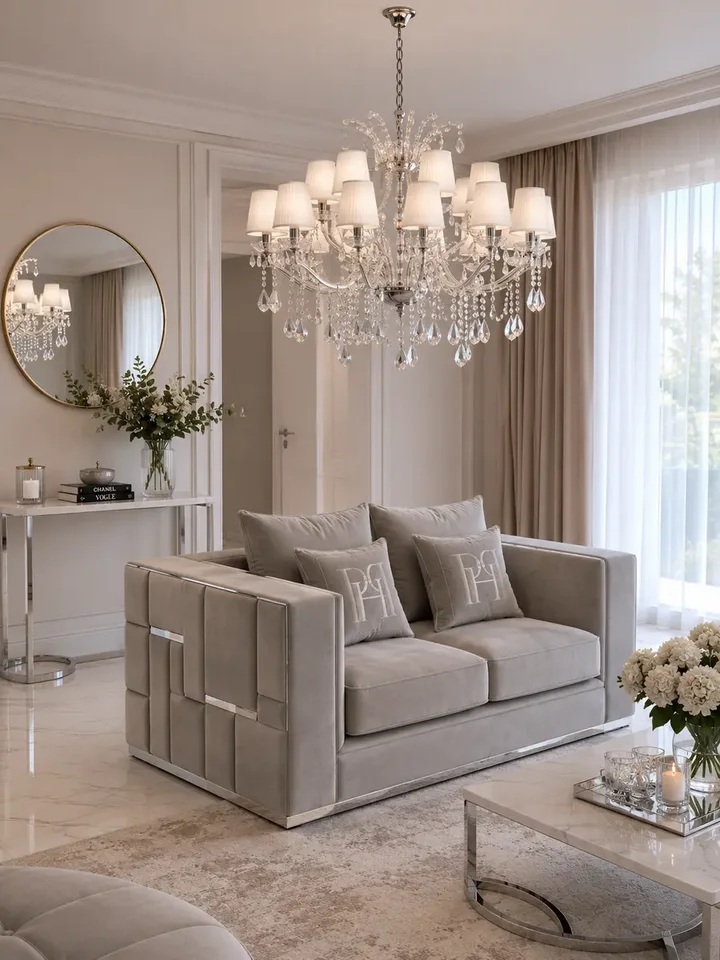 Z boku widać elegancki żyrandol, idealny do aranżacji nowoczesnego wnętrza. Lampy od Primavera Home.
