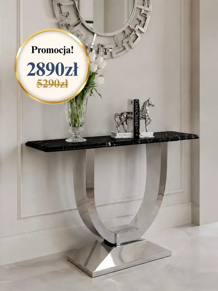 Konsola w stylu nowoczesnym glamour z białym marmurowym blatem srebrna ART DECO w zbliżeniu, ukazująca fakturę blatu. Meble na zamówienie od Primavera Home.