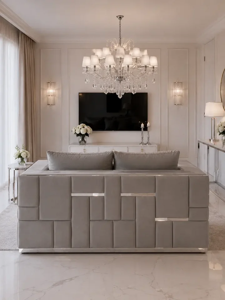 Sofa szara srebrna EMPORIO z widokiem z boku, podkreślająca elegancki design. Meble na zamówienie od Primavera Home.