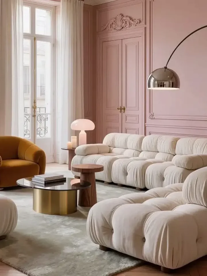 Designerski narożnik modułowy boucle NICEA — aranżacja wnętrza. Primavera Home.