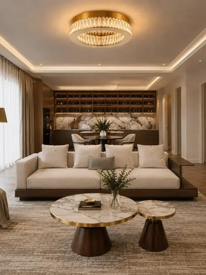 Plafon w aranżacji salonu, tworzący przytulną atmosferę. Ekspozycja w salonie od Primavera Home.