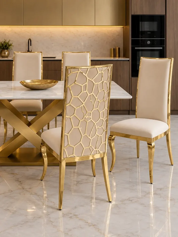 Widok całego zestawu z krzesłem glamour VITA złote beżowe do jadalni w eleganckim otoczeniu. Meble na zamówienie od Primavera Home.