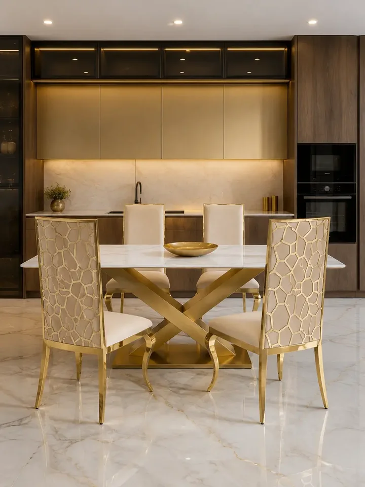 Widok z tyłu krzesła glamour VITA złote beżowe do jadalni, podkreślający jego elegancki design. Ekspozycja w salonie od Primavera Home.