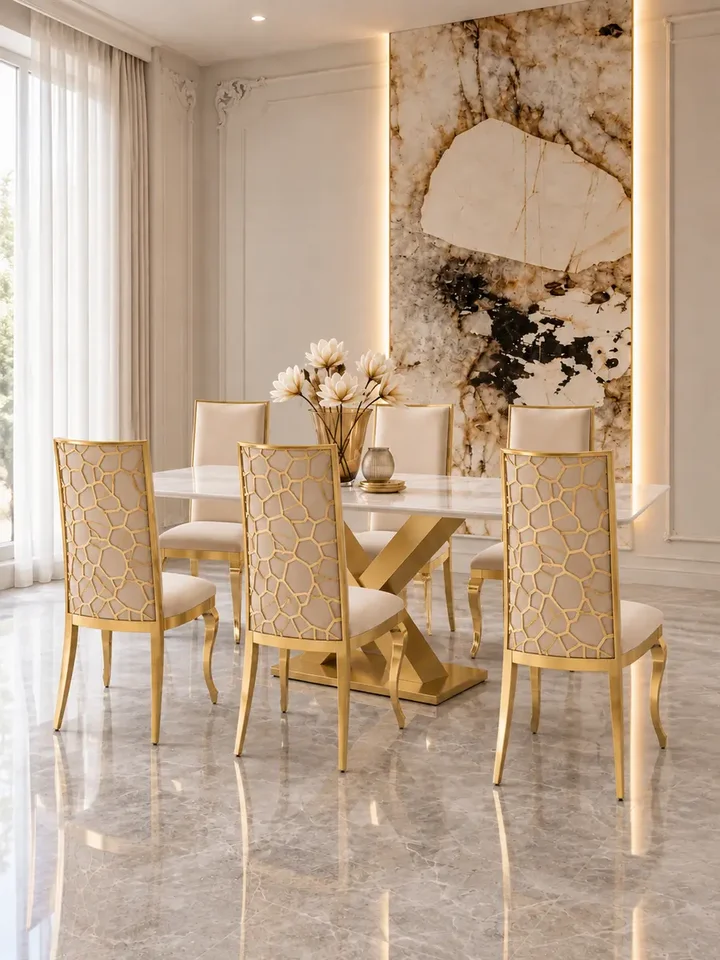 Zbliżenie na beżowy velvet na krześle glamour VITA złote beżowe do jadalni. Detal wykończenia od Primavera Home.