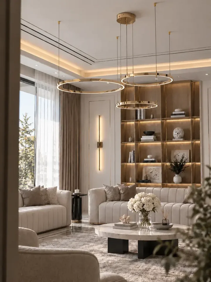 Lampa glamour led okrągła z połyskiem ring regulowana w eksponowanym wnętrzu, doskonałe do stylowych aranżacji od Primavera Home.