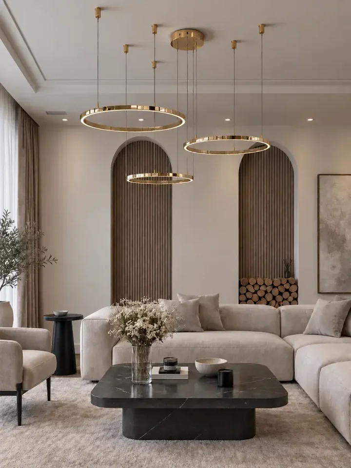 Lampa glamour led okrągła z połyskiem ring regulowana przedstawiona z perspektywy, idealna do loftowych wnętrz od Primavera Home.