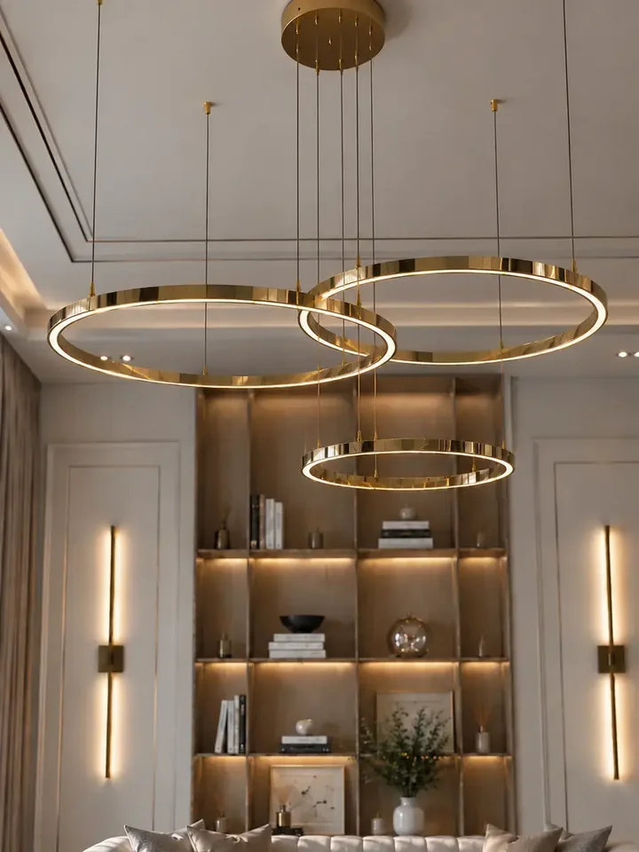 Lampa glamour led okrągła z połyskiem ring regulowana w przytulnej aranżacji, świetna do każdego salonu od Primavera Home.