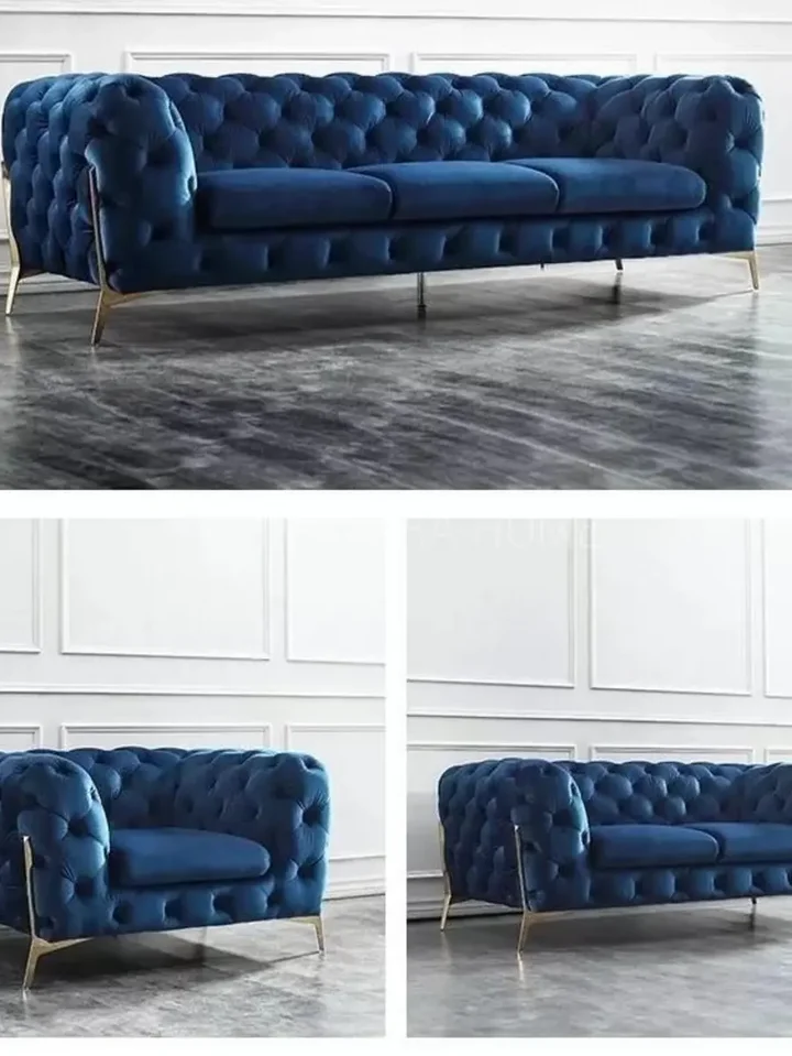 Luksusowa złota sofa pikowana DIVA GOLD w perspektywie zbliżonej, eksponująca jej wygodne siedzisko. Aranżacja nowoczesnego wnętrza od Primavera Home.