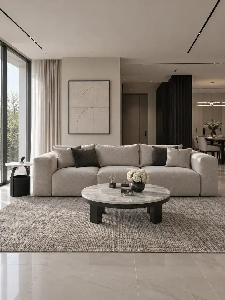 Ujęcie stolika kawowego nowoczesnego okrągłego z ekosóry Tavolino z efektownym światłem, podkreślające jego design od Primavera Home.