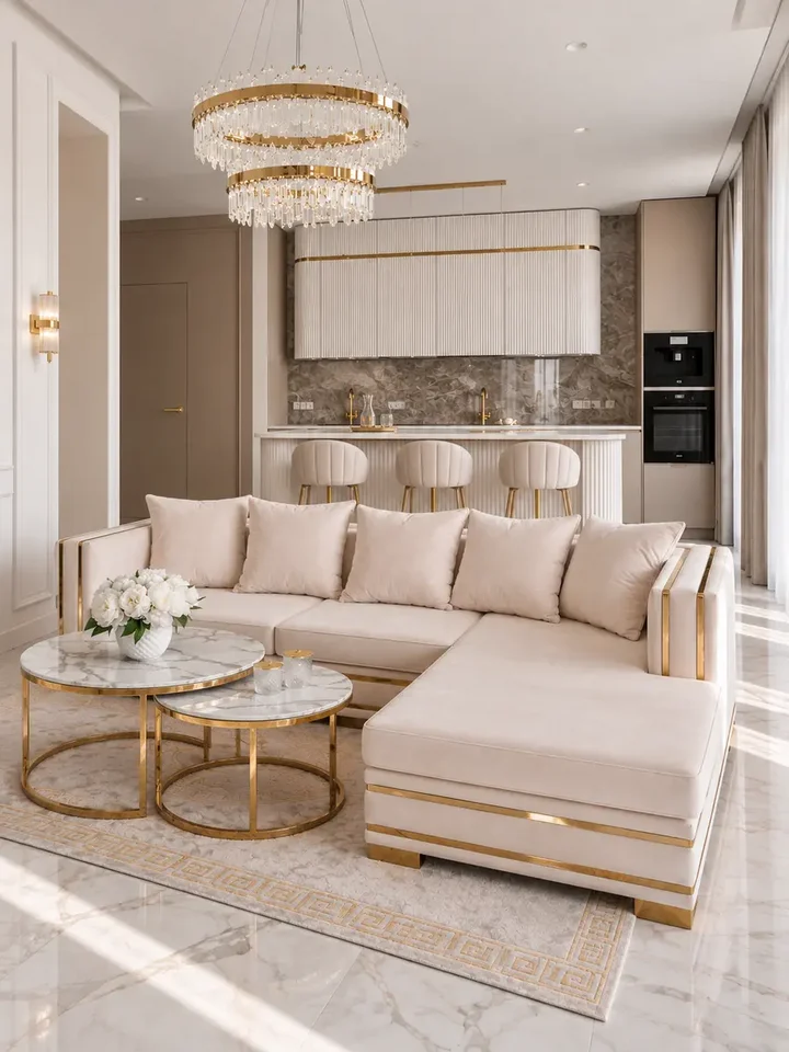Stylowa aranżacja narożnika MONACO w nowoczesnym salonie. Ekspozycja w salonie od Primavera Home.