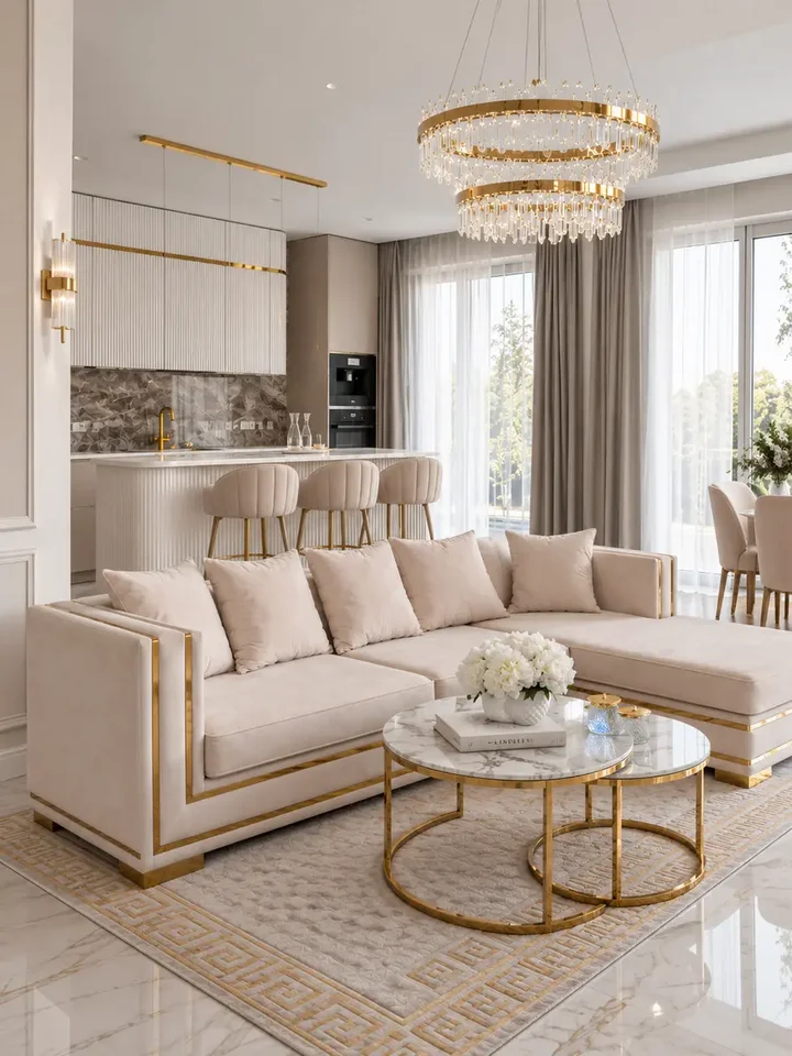 Perspektywiczne ujęcie narożnika MONACO w eleganckim wnętrzu. Meble na zamówienie od Primavera Home.