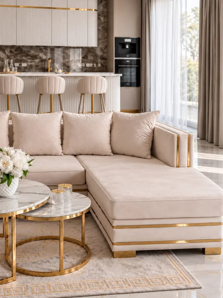 Mocno akcentujący detal narożnika MONACO podkreślający jego elegancję. Aranżacja nowoczesnego wnętrza od Primavera Home.