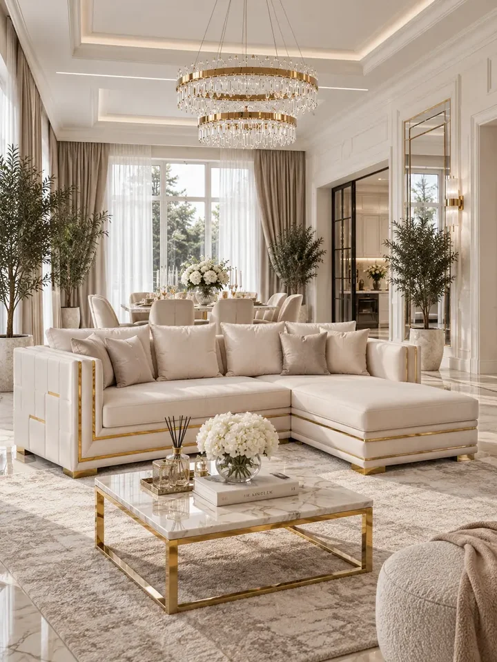 Aksamitny złoty narożnik z funkcją spania PALACE w zbliżeniu, ukazujący fakturę materiału. Detal wykończenia od Primavera Home.