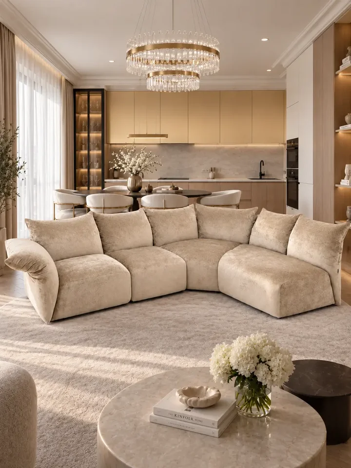 Aranżacja Designerskiej Sofy Modułowej Lilia Nowoczesna z dodatkowymi elementami. Detal wykończenia od Primavera Home.