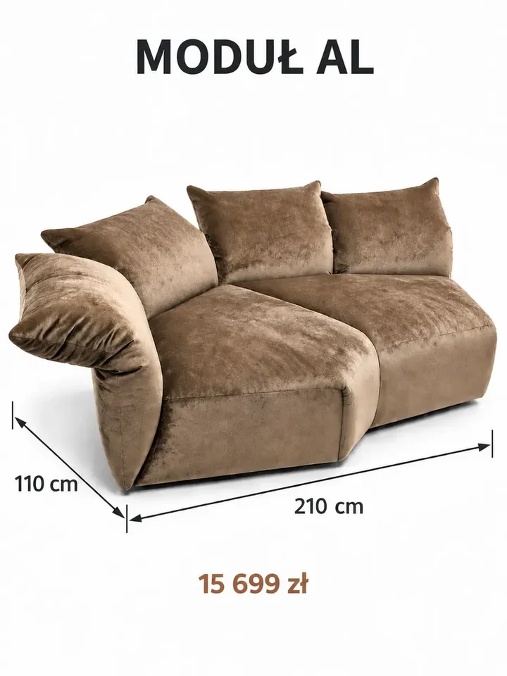 Perspektywa ukazująca Designerską Sofę Modułową Lilia Nowoczesna w atrakcyjnej aranżacji. Ekspozycja w salonie od Primavera Home.