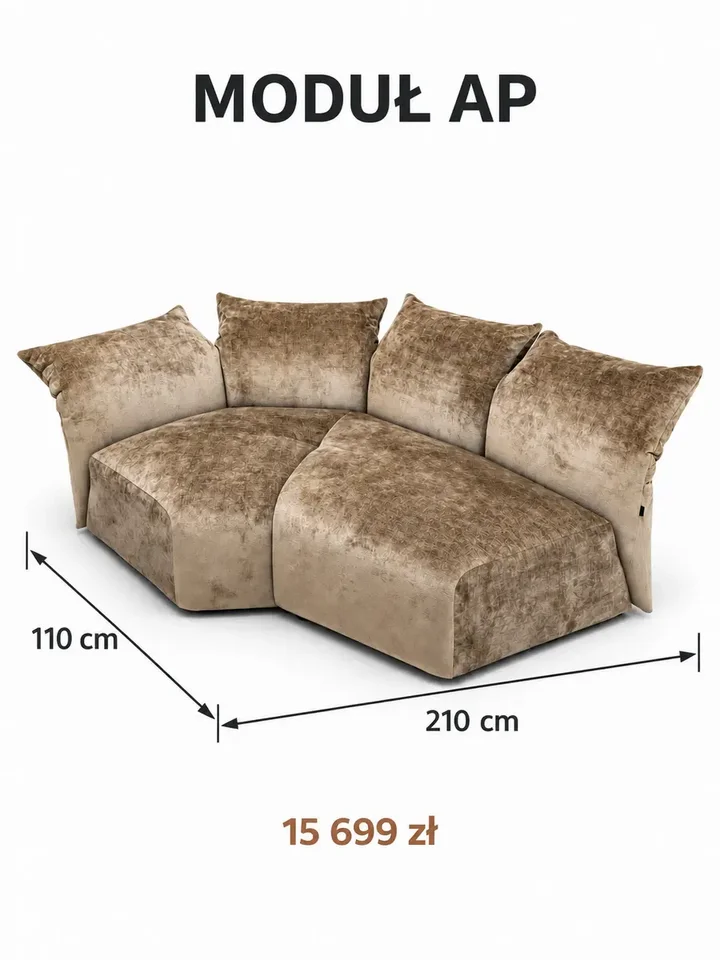 Z boku prezentuje się Designerska Sofa Modułowa Lilia Nowoczesna. Aranżacja nowoczesnego wnętrza od Primavera Home.