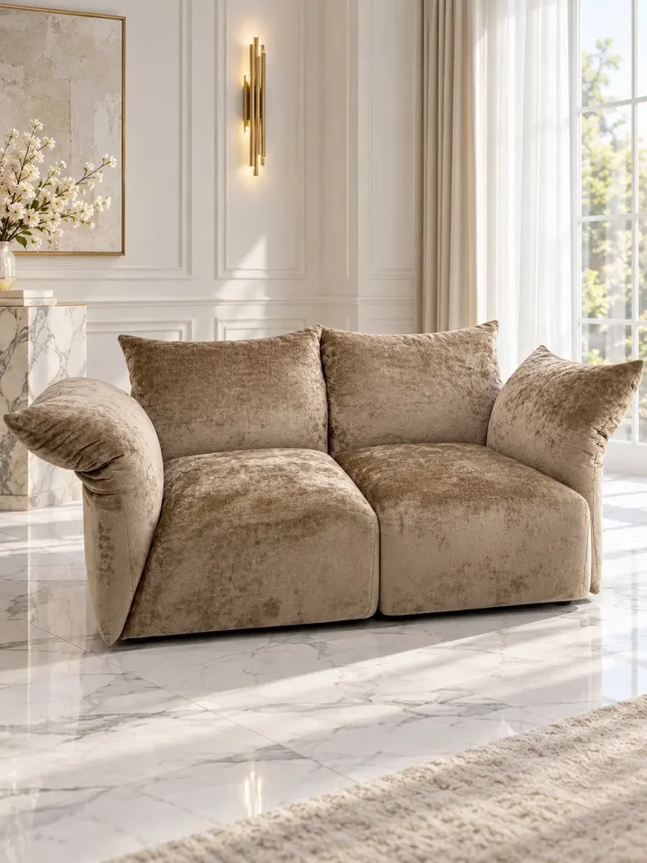 Widok Designerskiej Sofy Modułowej Lilia Nowoczesna z wybranym kolorem materiału. Detal wykończenia od Primavera Home.