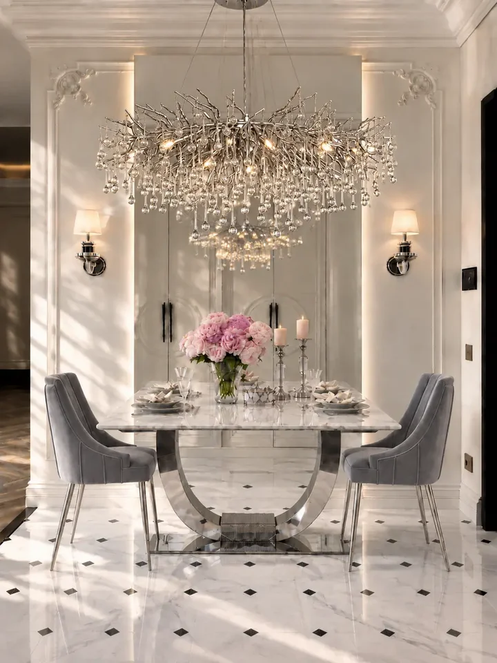Zbliżenie na kryształowe krople lampy, które doskonale oddają elegancję nowoczesnego designu. Oświetlenie na zamówienie od Primavera Home.